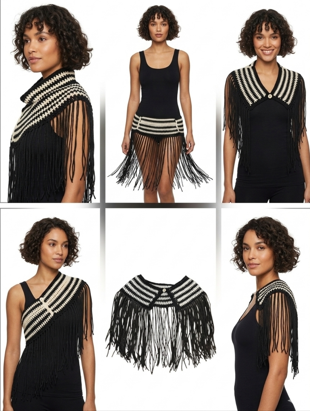 Hand Crafted 5-in-1 Crochet Fringe Scarf Capelet Top Skirt Festival Cover Up